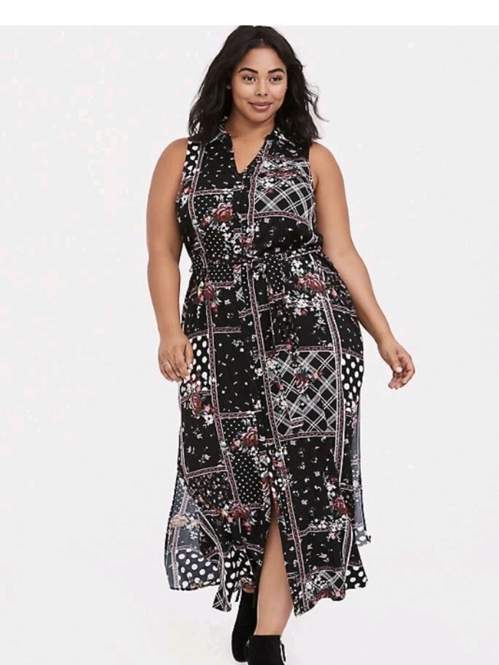 Torrid Sleeveless Black Patchwork Maxi Dress with Tie Waist Sz 00